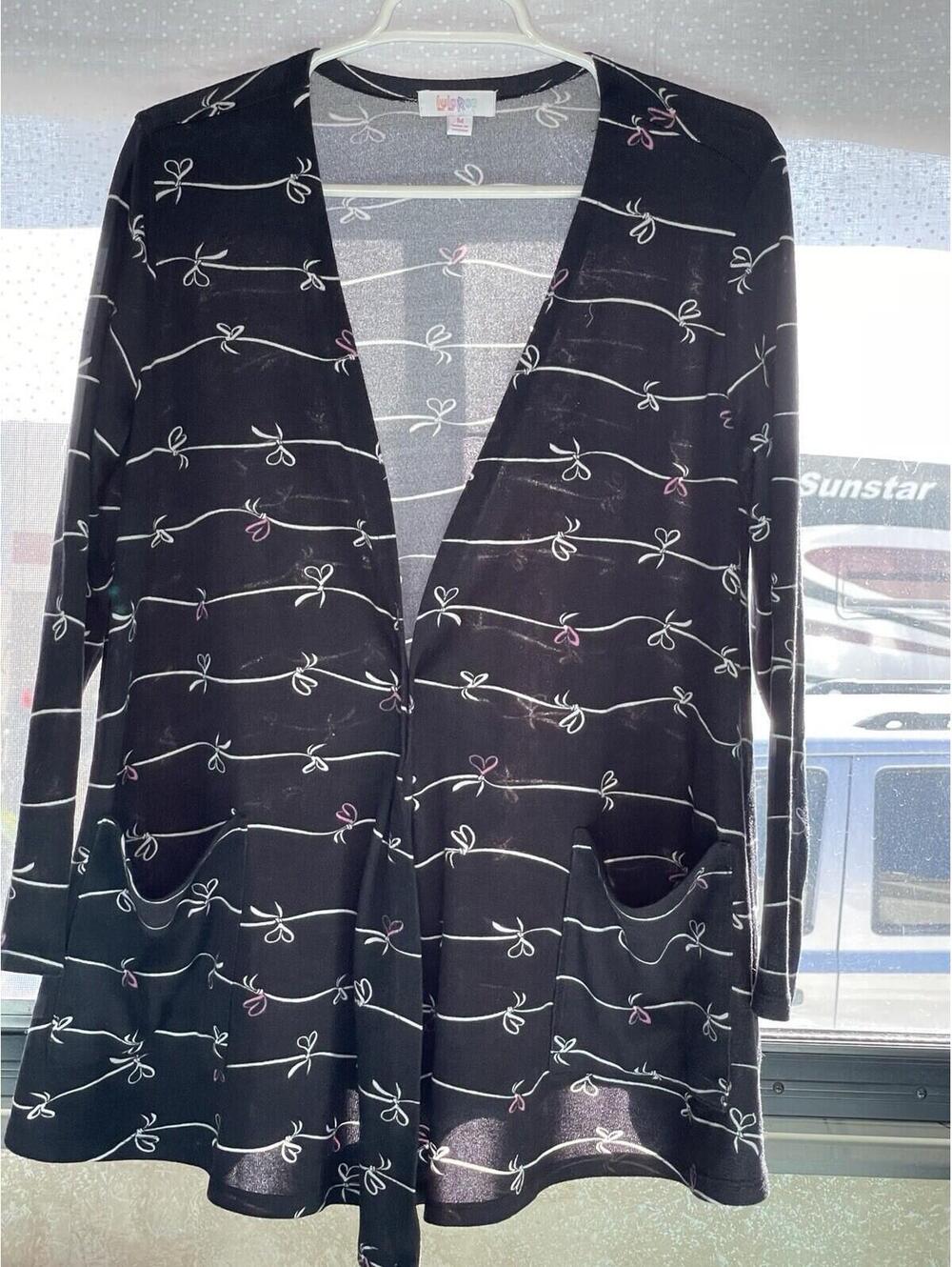 Open Drape Angled Cardigan, sz M, black w/thin stripes and swirl hearts Sweater